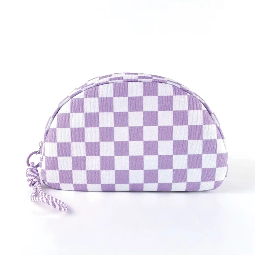 Waterproof Checkered Pattern Cosmetic Bag Polyester Zipper Closure Makeup Bag Half Moon Lightweight Makeup Organizer