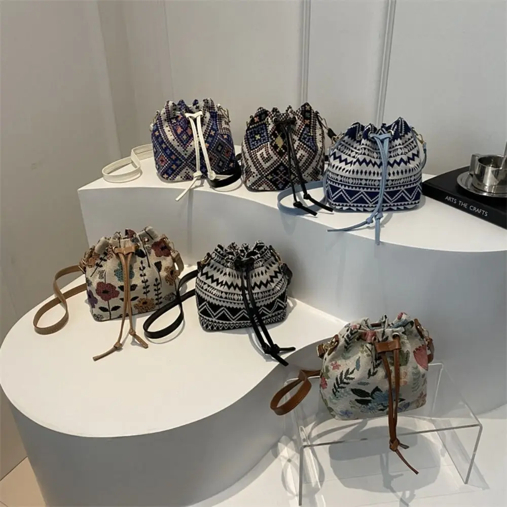 

New Linen Fabric Bucket Bag Floral Pattern Ethnic Style Shoulder Bag Adjustable Drawstring Handbag Women's Fashion