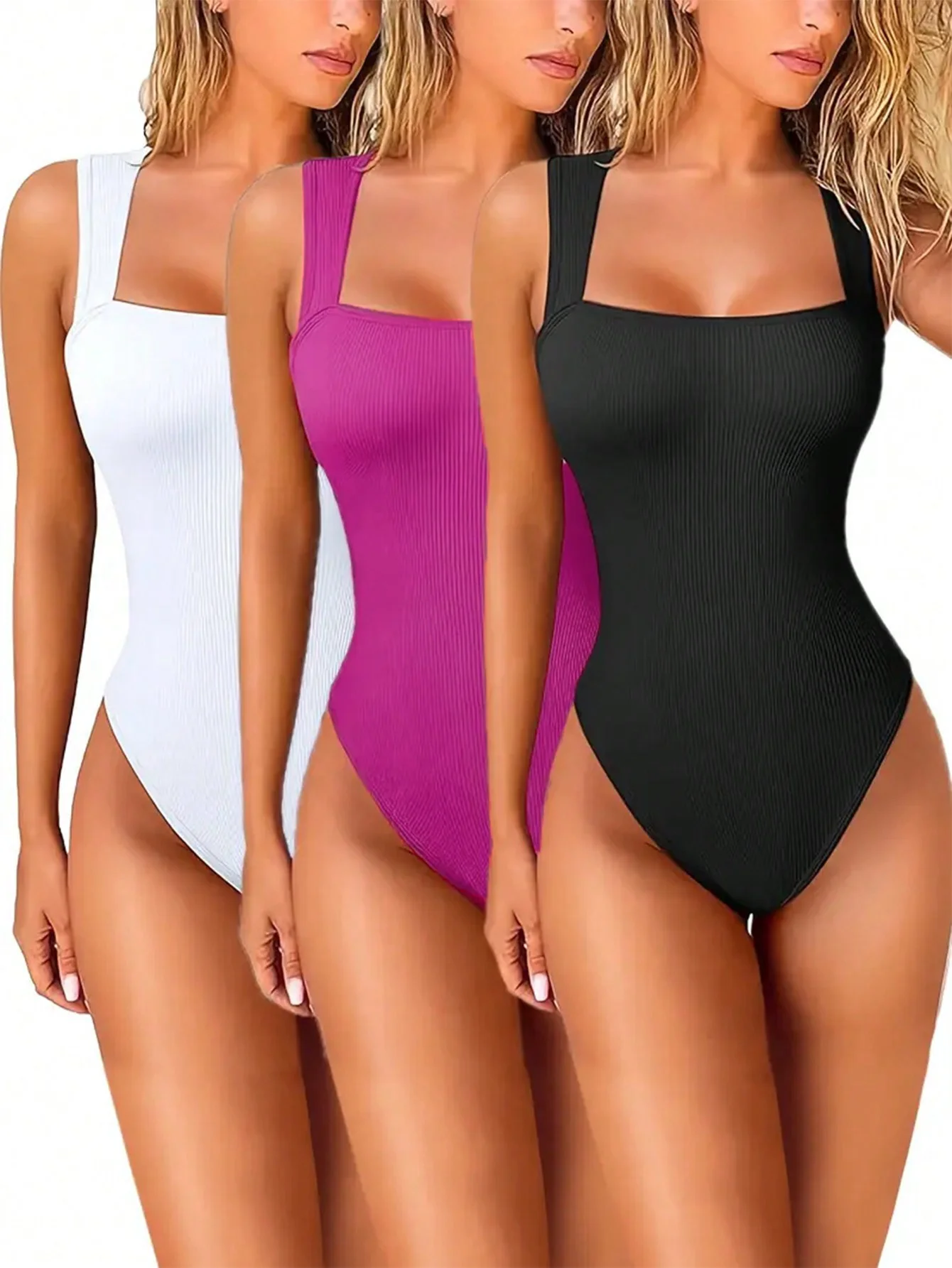 Women Square Neck Ribbed Bodysuit 3 Pack Form Fitting Sleeveless Thong Bodysuit Set