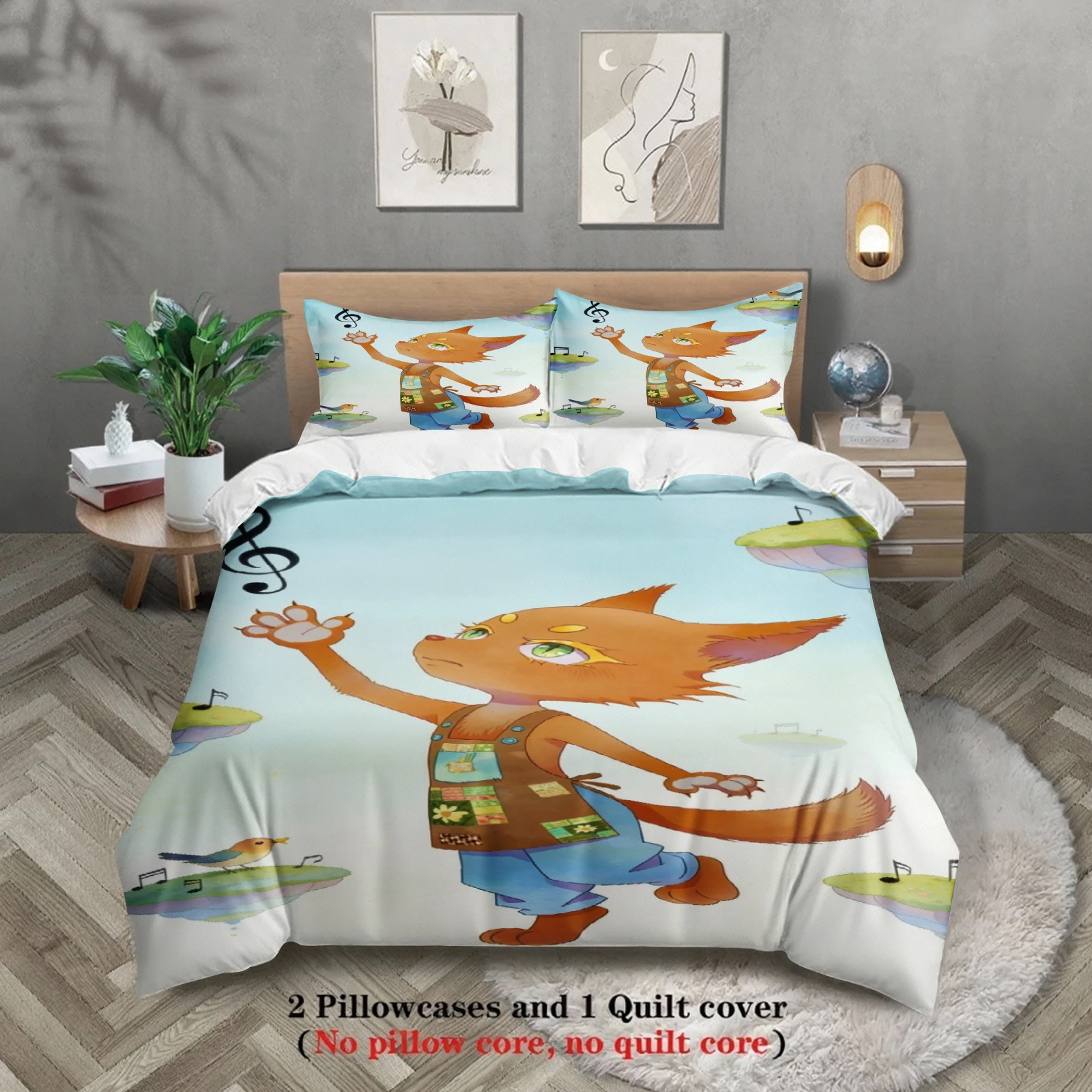 Queen Size Bedding Set Softville Cozy Town Cute Fern the Quilt Fox With Duvet Cover & Pillowcase For Children's Bedroom Decor