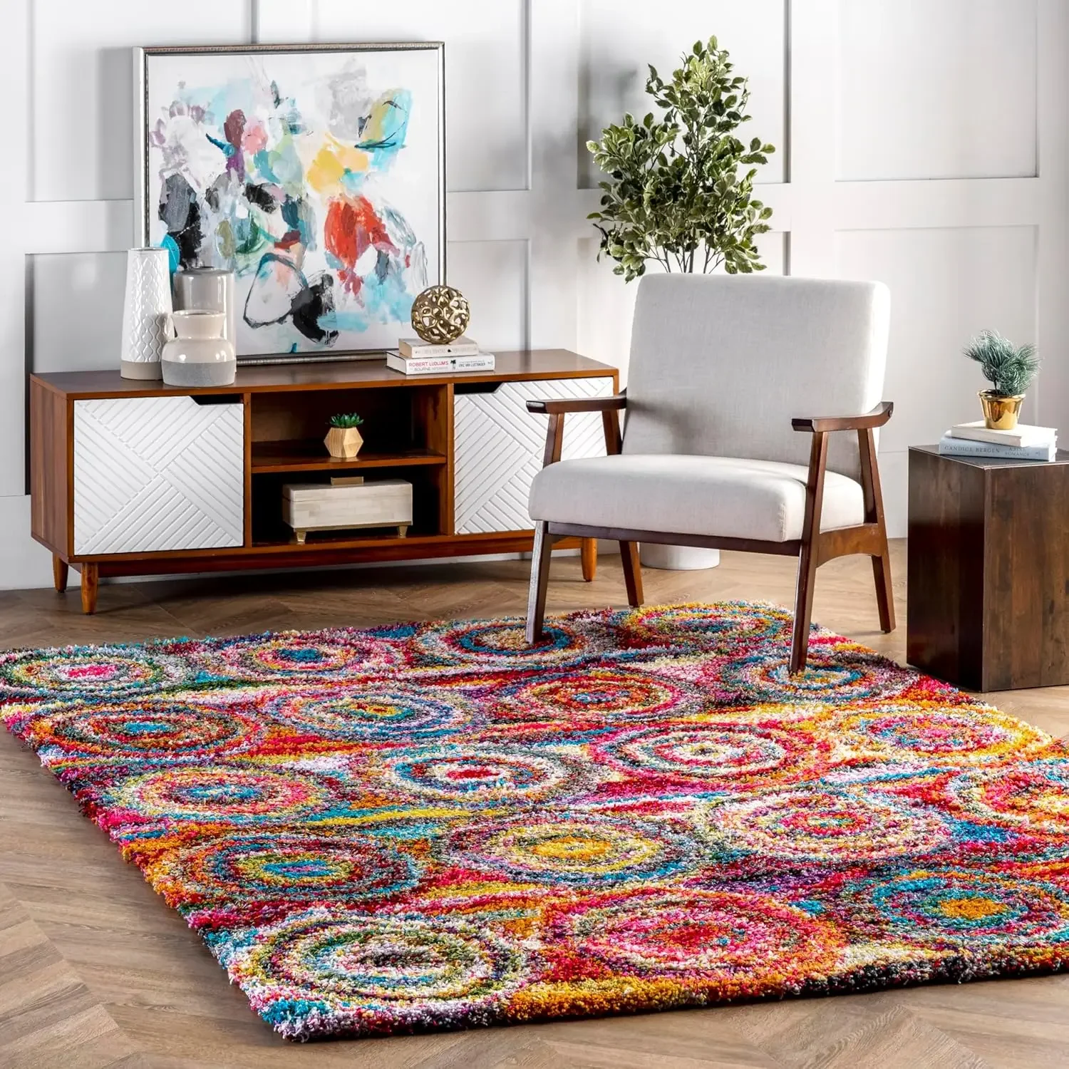 Kindra Abstract 4x6 Shag Area Rug for Living Room Bedroom Dining Room Nursery, Multicolor/Red