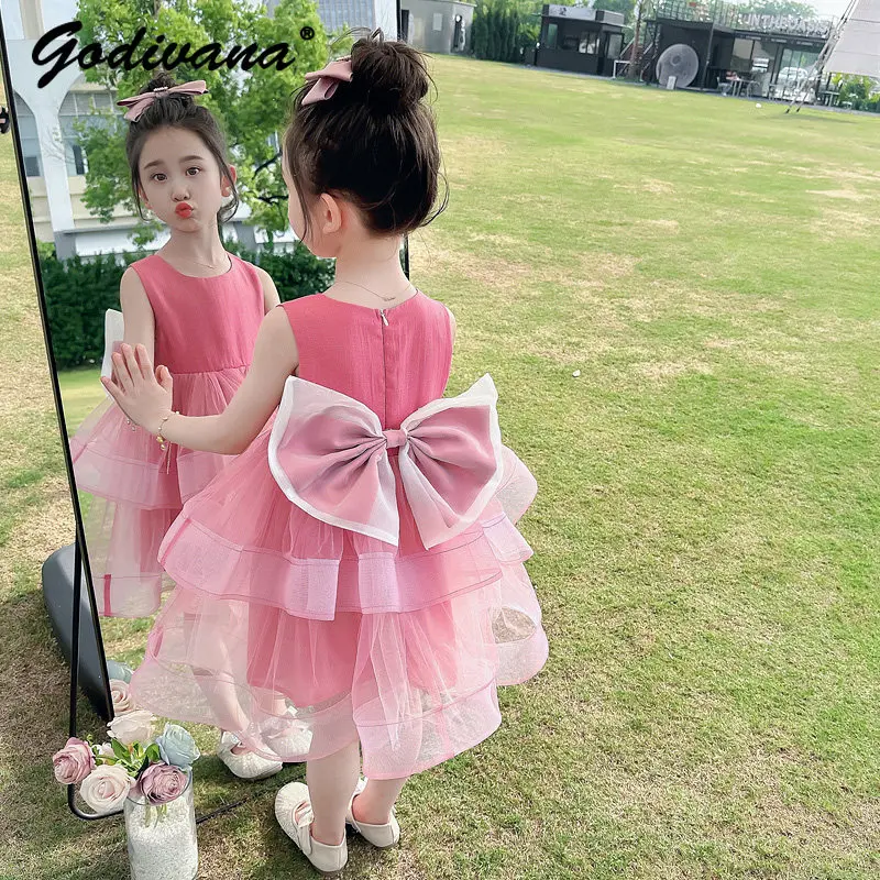 Sweet and Cute Baby Girls Summer 2026 New Tulle Princess Dress Kids Fashion Sleeveless O-neck Bow Train Tutu Pink Birthday Gown