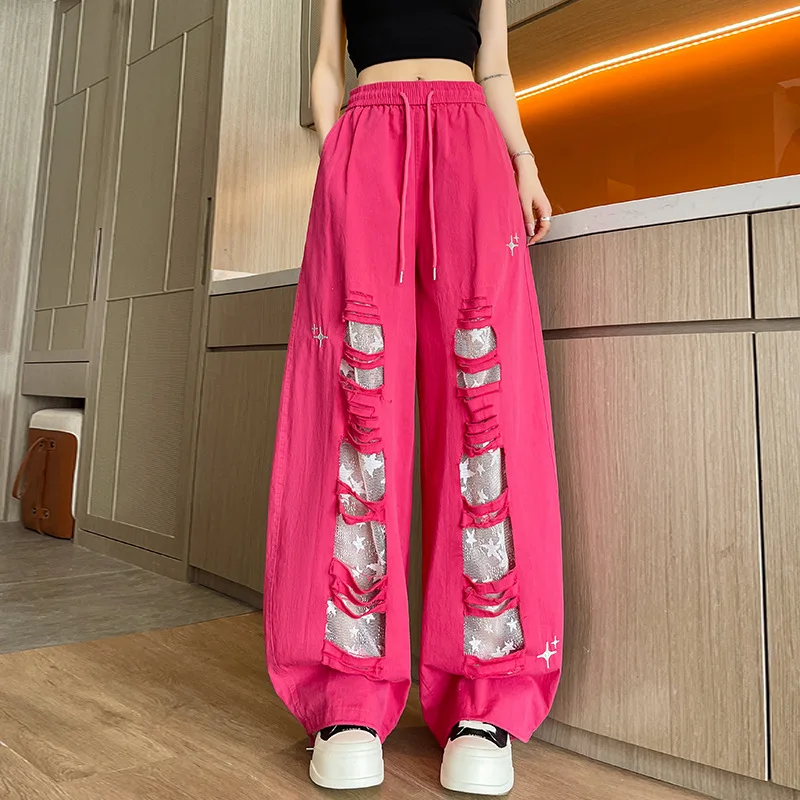 

Fashion Lace Spliced Ripped Hole Women Pants New Personalized Streetwear Elastic Waist Loose Trouser American Style Casual Pants