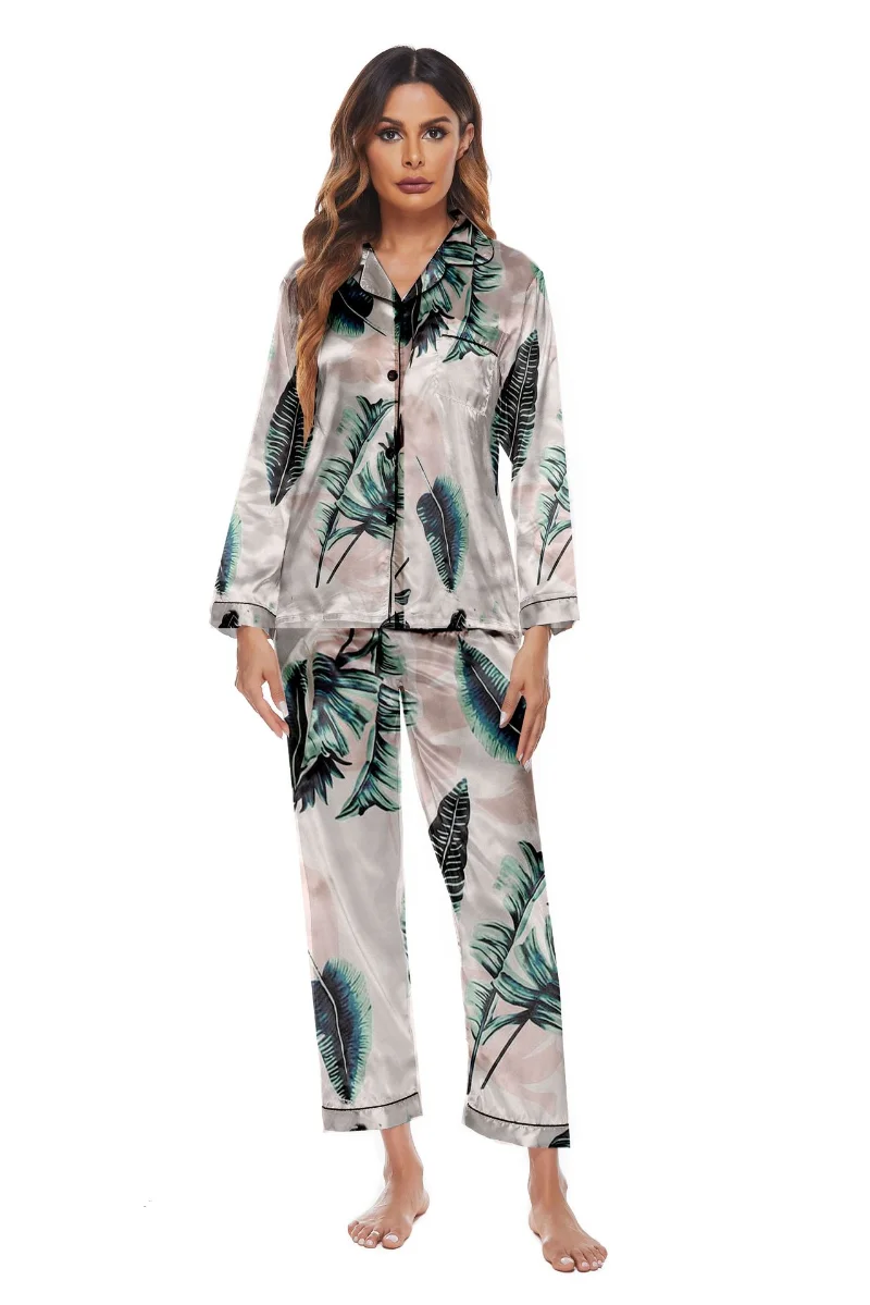 Silk Pajamas Women Flower Cardigan Cute Pajamas for Women Autumn Nightwear Pajama Two Piece Set Satin Silk Pyjamas Loungewear