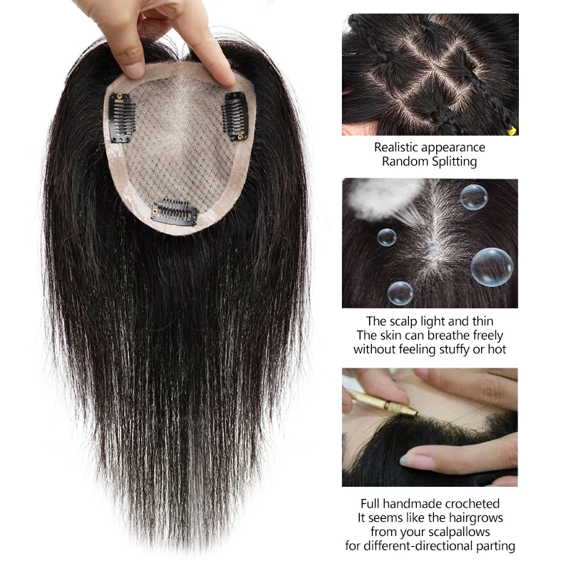 100% Klip Rambut Manusia Dalam Satu Potong Ekstensi Rambut Wig Atas Potongan Wig Renda Dasar Sutra Buatan Tangan Penuh Dasar Atas Kulit Kepala Alami Wanita