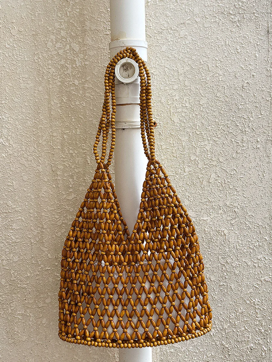 Elegant Bohemian Woven Hand Bag Female Style Exquisite Design Wooden Bead Tote Handmade Hollow-out Handbag Summer Season