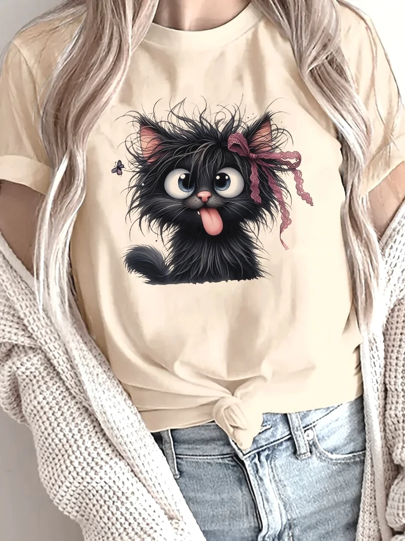 Funny Fried Cat Cartoon T-Shirt with Playful Bow Butterfly Print Women's Casual  Short Sleeve T Shirt Clothing Novelty Top Tee
