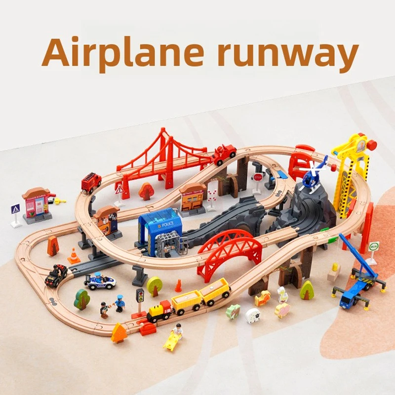 Wooden Train Track Set Airport Police Station Scene Set Compatible with All Brand Wooden Tracks Railway Train Toys for Children