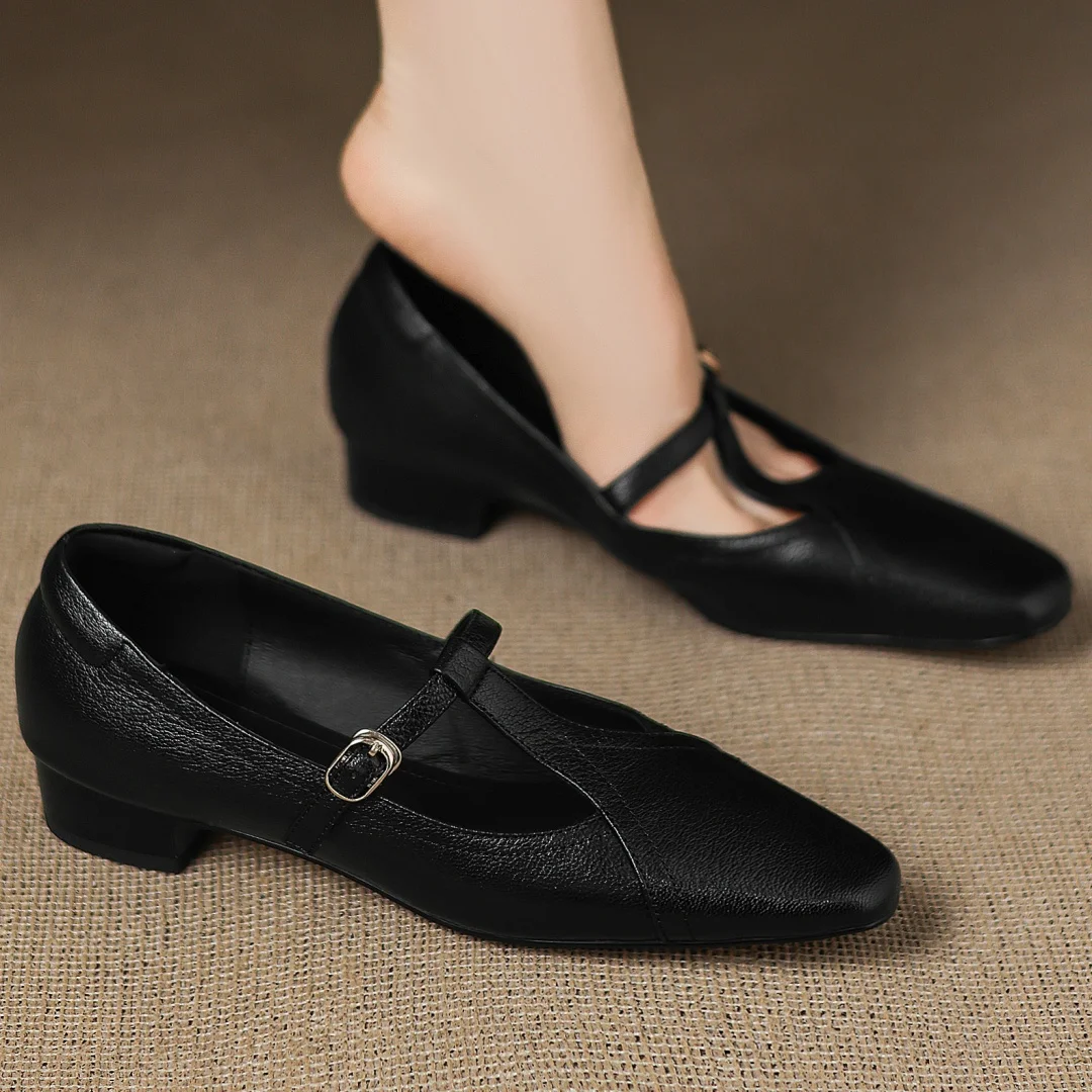 Danxuefei 2025 ใหม่ผู้หญิงSheepskinรอบToe T-Strap Slip-Onปั๊มหนา 3 ซม.ส้นสบายๆหญิงทุกวันรองเท้าสําหรับสตรีขาย