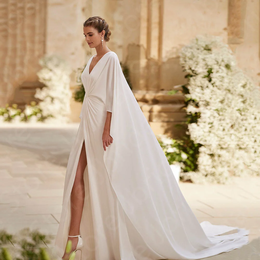 Customized New Unique Wedding Dresses 2025 White Bridal Gowns Front Slit Bride Dresses V Neckline Wedding Gowns with Cape Sleeve