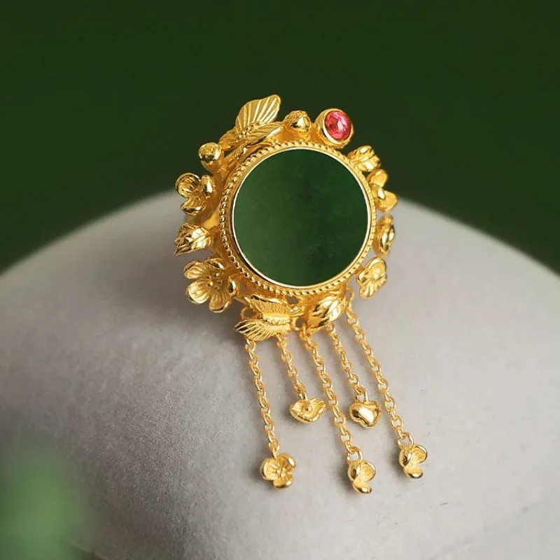 Classical Court style tassels natural Hotan Jasper jade rings for women antique gold craftsmanship high-end art jewelry