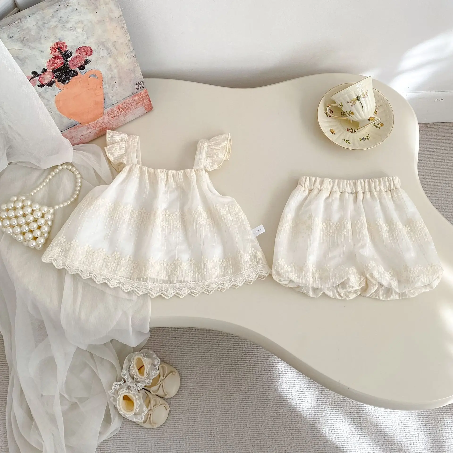 2026 New Girl Baby Summer Set Flying Sleeve Top+Flower Bud Shorts Sweet Wind Girl Outing Two Piece Set