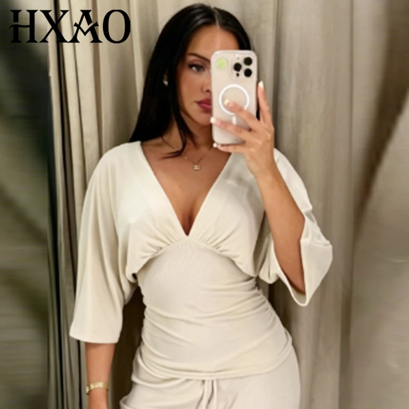 

HXAO Women's Crop Ruffled Shirt Summer 2026 Chic Pleated Off White V-Neck Batwing Short -Sleeved Tunic Blouse Elegant Woman Tops