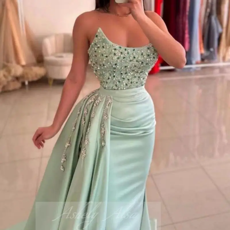 Customized Elegant Lime Green Luxury Women Evening Dresses Mermaid Beads Crystal Long Formal Occasion Dress Prom Party Gown