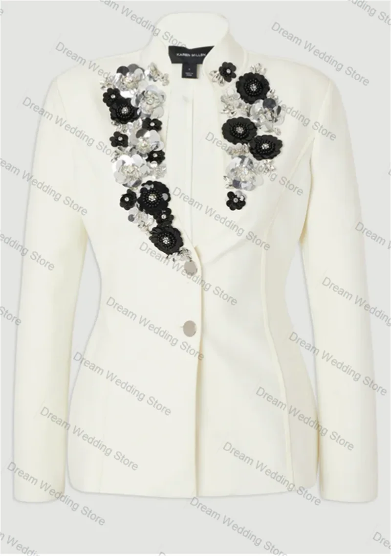 Black Women Suit Set 2 Pcs Blazer+Pants Luxury 3D Flower Crystals Formal Office Lady Jacket Customized Wedding Tuxedos Coat