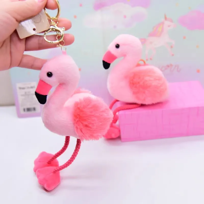 Flamingo Pink Long Leg Bird Pendant Bag Decoration Key Ring Chain Plush Toy Stuffed Doll Zoo Model Cartoon Animal Boy Girl Gift