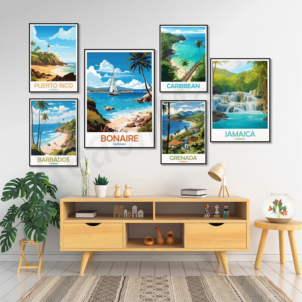 Cuba, Martinique, Jamaica, Guadeloupe, Grenada, Curacao, Anguilla, Antigua, Bonaire, Barbados, Dominica, Caribbean travel poster