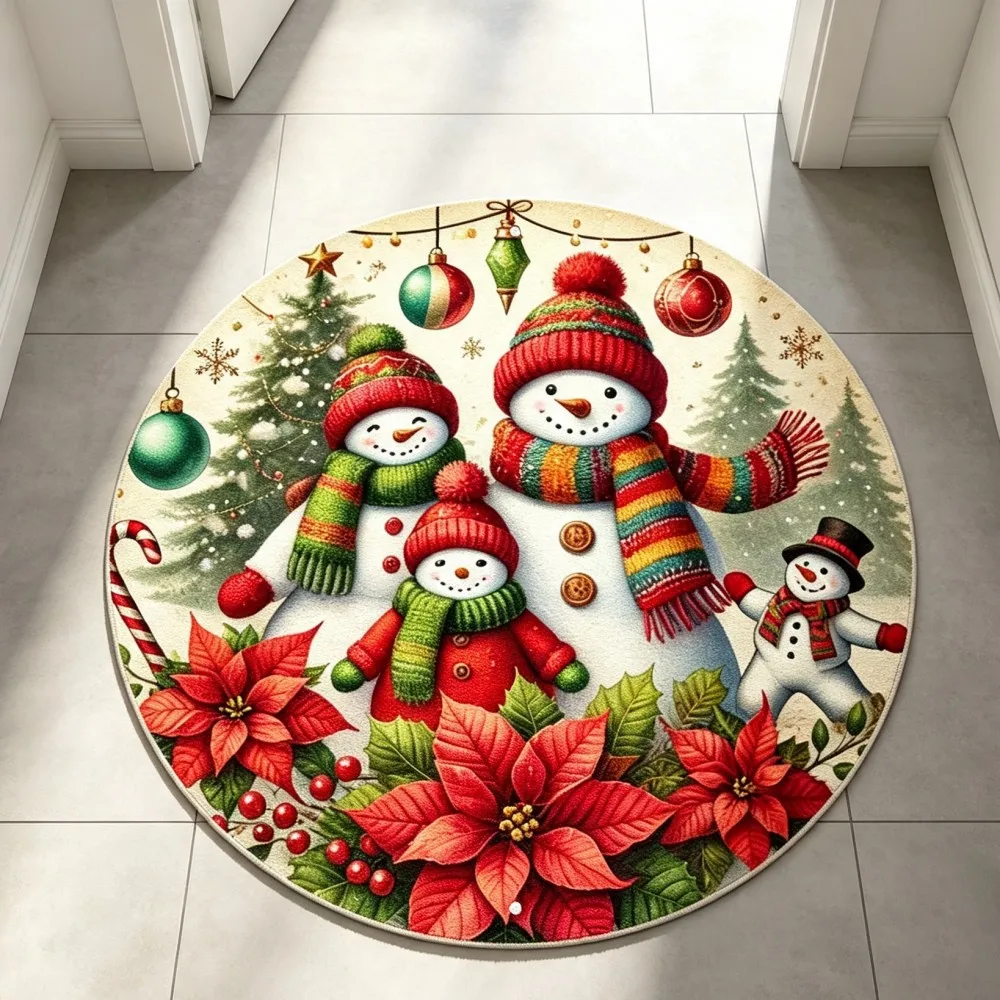 Glowing Christmas Tree Round Area Rug Snowflake Circular Floor Mat Fairy Light Winter Carpet for Front Door Sunroom