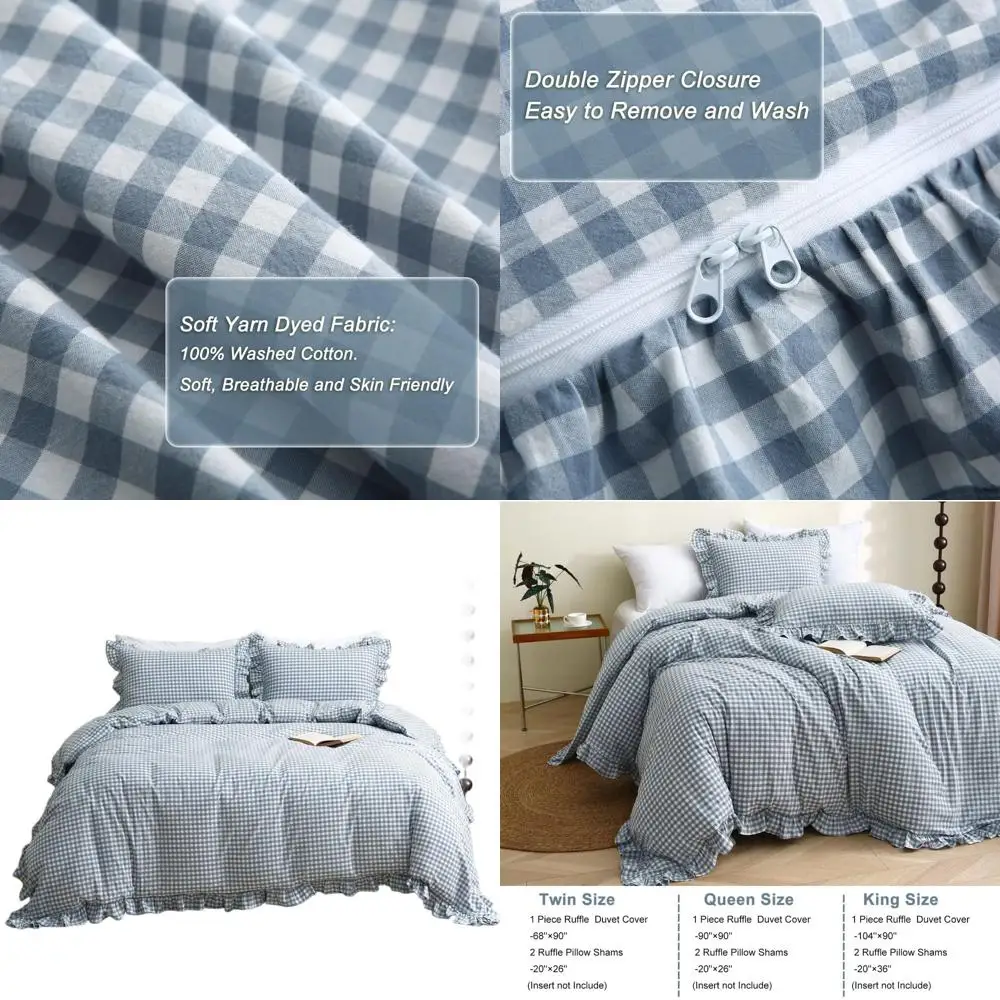 

Queen Size Light Blue & White Plaid Ruffle Duvet Cover Set, 100% Washed Cotton, 3-Piece Shabby Chic Gingham Bedding