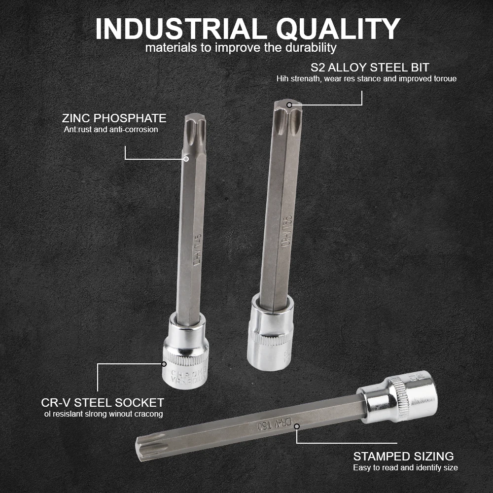 Chrome-Vanadium Steel 3/8inch Torx Star Bit Socket Set T25, T30, T40, T45, T50, T55, T60 Size 7Pcs Drive Extra Long