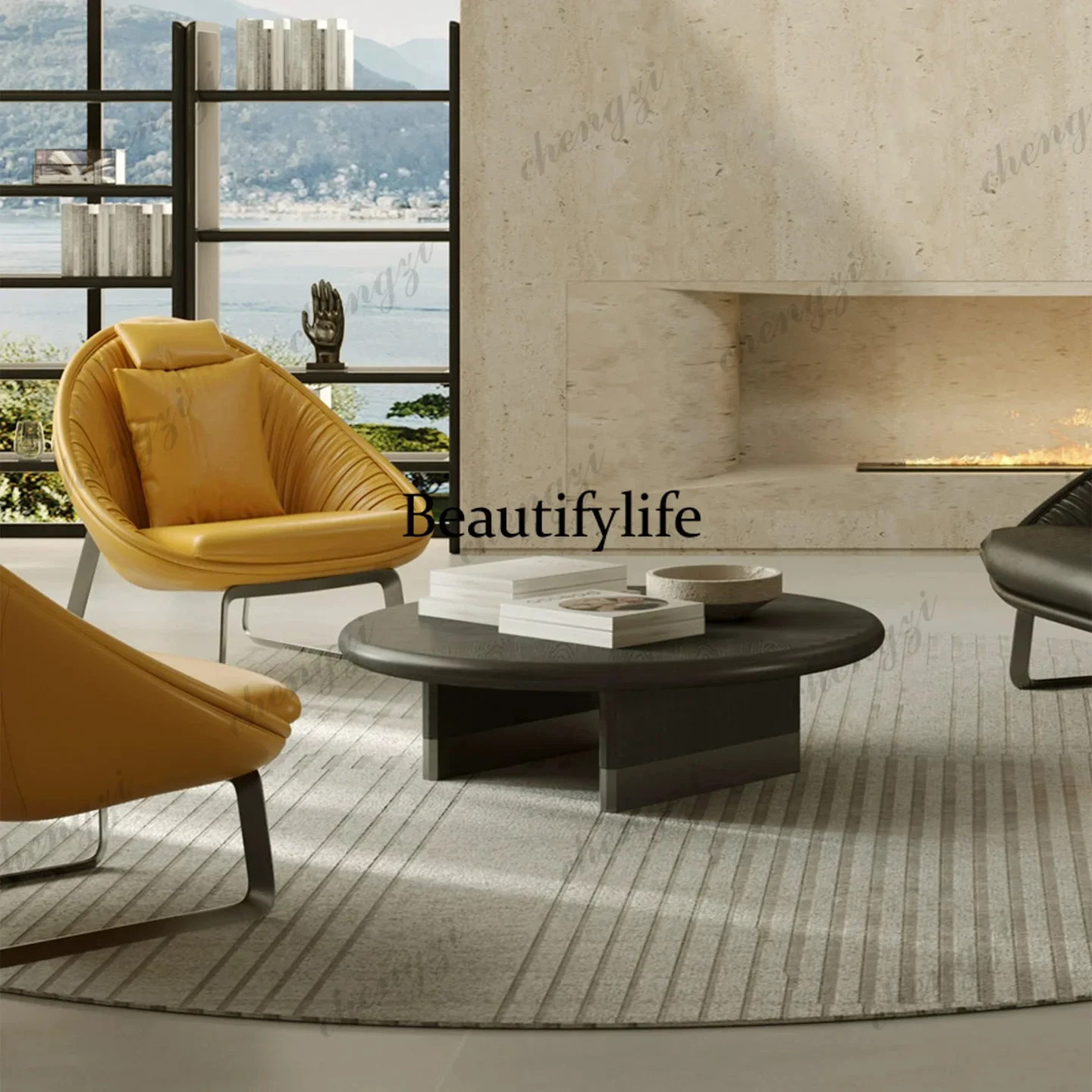 NQ52 Blue marble pattern round coffee table modern simple light luxury living room furniture