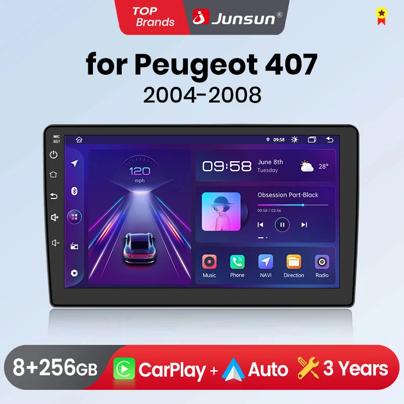 Junsun-Autoradio sans fil pour KIT, CarPlay, Android Auto, Caméra, Systèmes intelligents de voiture, RDS DSP, Autoradio 2Din, 407, 2004, 2011, 360