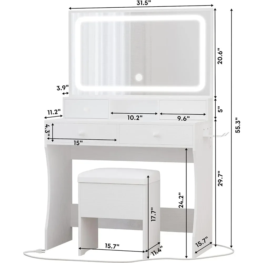 Vestir Maquiagem Mesa Set, Vanity Desk com LED iluminado Espelho, Power Outlet, Banquinho De Armazenamento, Secador De Cabelo Stand, 4 Gavetas