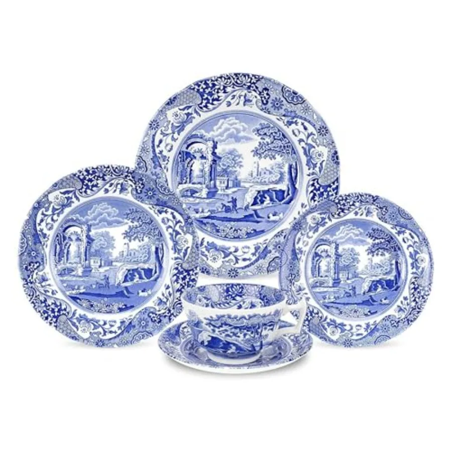 

Blue Italian 5Piece Place Setting Dinner Plate Salad Plate Bread and Butter Plate Teacup and Saucer Dishwasher Safe Made in Eng