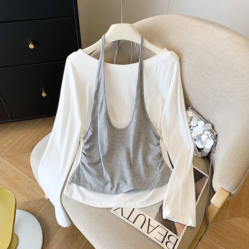 Camicie da donna coreane finte in due pezzi a maniche lunghe alla moda, tutte abbinate, girocollo autunnali, camicie pullover dal design con lacci slim fit