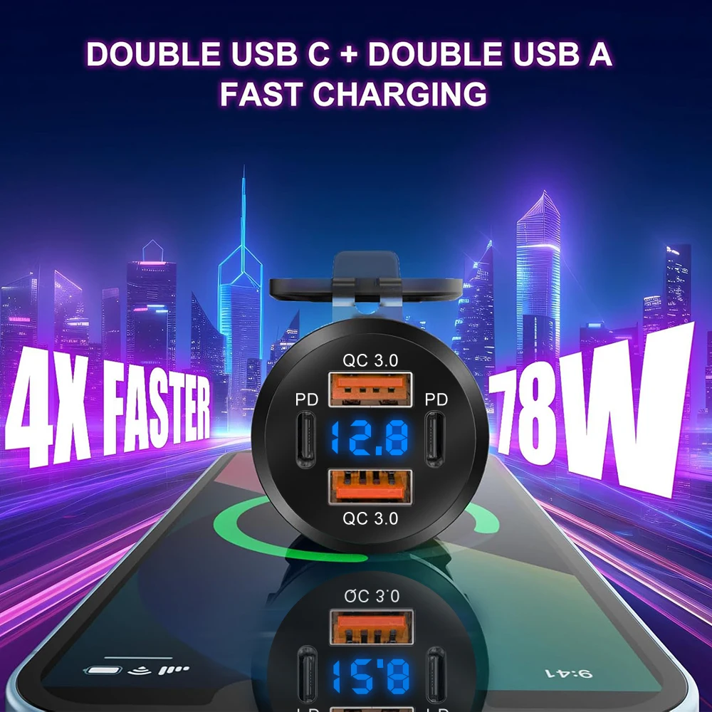 

NEW Dual USB 96W Quick Charge 3.0 Port PD USB C Car Charger Socket 12V 24V USB Outlet with Voltmeter for Car Boat Marine Truck