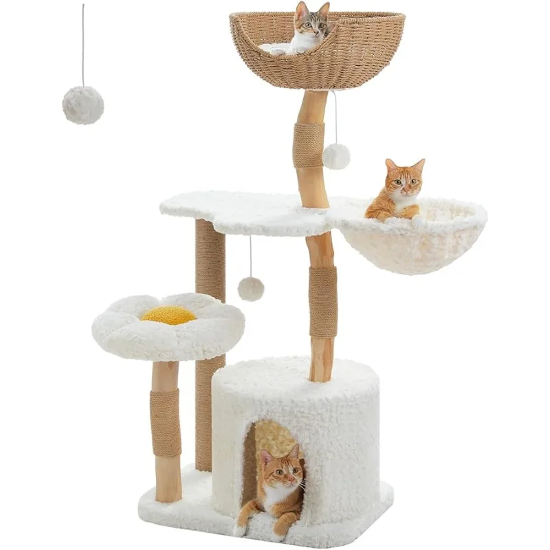 

PETEPELA Cat Tree for Large Cats, 48.5" Natural Solid Wood Cat Tower with Big Rattan Basket, Cozy Condo & Flower Cat Tree with L