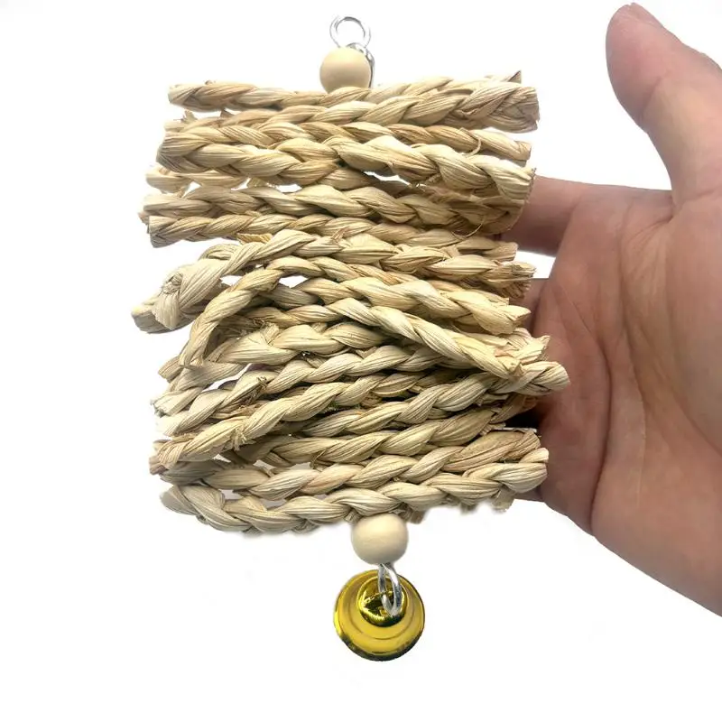 Natural Corn Husk Braided Parrot Chew Toy With Bell Pet Bird Teething String Relieve Anxiety Entertainment Supply view 5