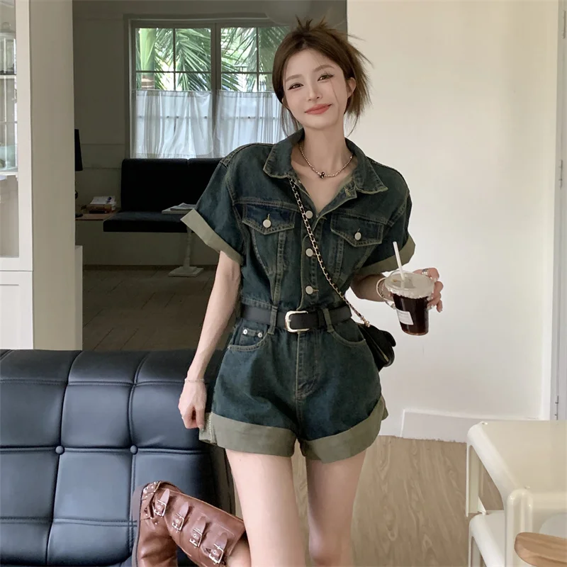 

Pure Desire Sexy Girl Retro Denim Jumpsuit Women's Summer New Korean Loose Dr orts High Waist Other Fabric