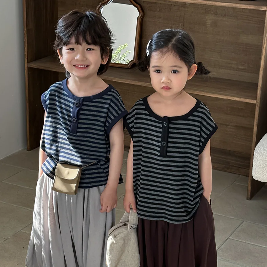 

2026 Summer Unisex Striped Sleeveless Tank Top Retro Forest Style Simple Breathable Toddler Casual Daily Vest for Boys and Girls