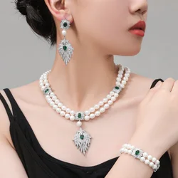 Zlxgirl jewelry Luxury Brand High grade pearl necklace earring set Classic Women's Green blue Red Zirconia crystal Necklace set
