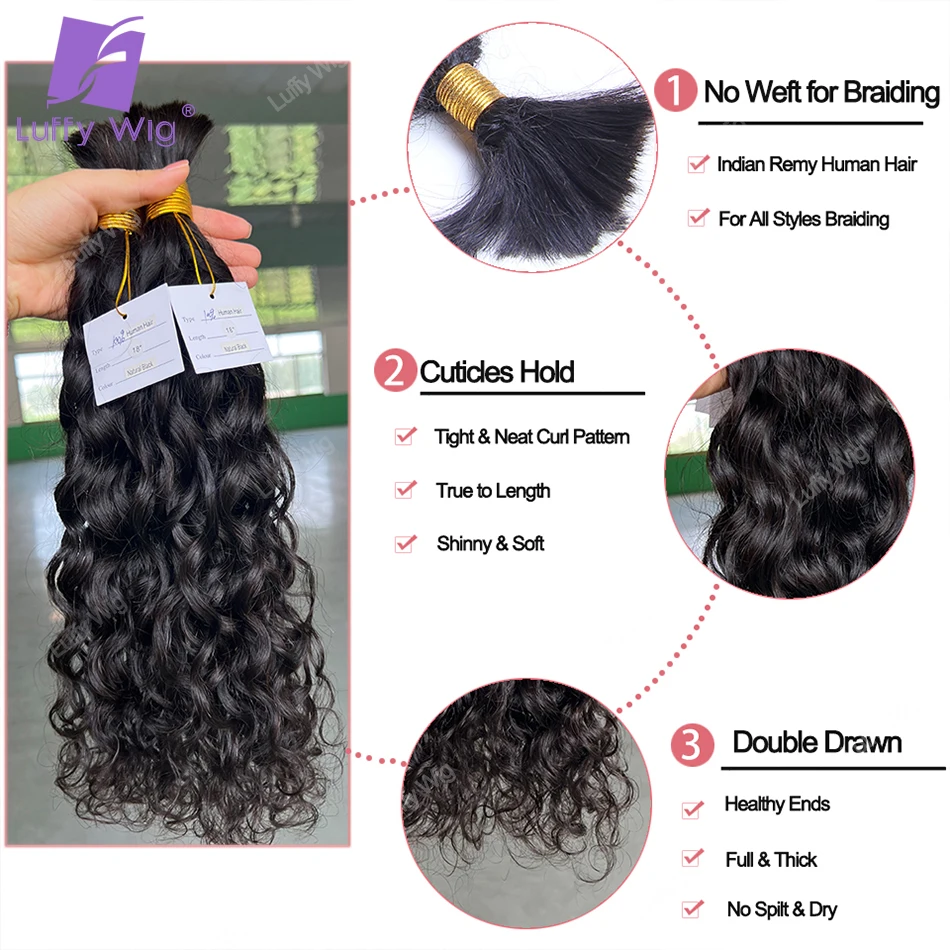 Human Hair Bulk For Braiding Water Wave Indian Remy Double Drawn No Weft Extensions Boho Box Braids Hair For Black Women Luffy