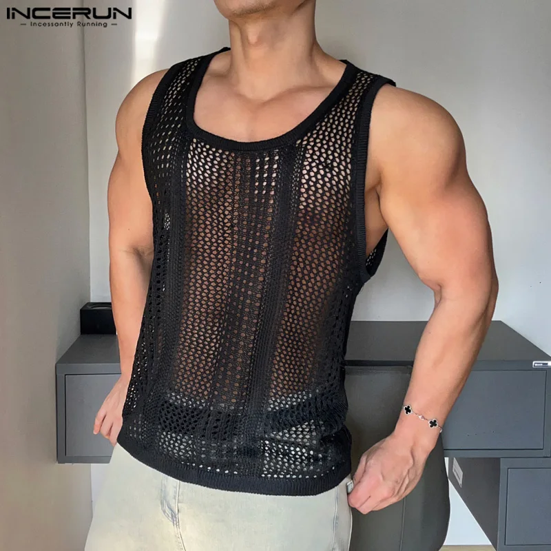 2024 Men\'s Tank Tops Mesh Transparent Summer Solid O-neck Sleeveless Male Vests Streetwear Fashion Men Clothing S-5XL INCERUN