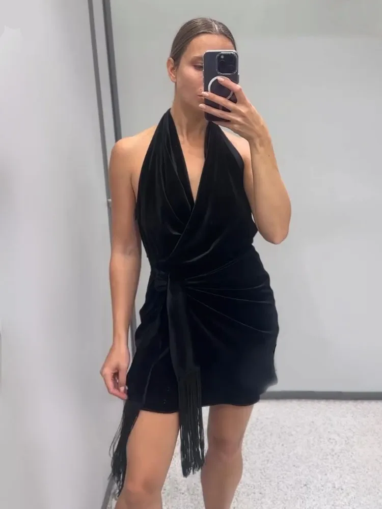 

HH женское шикарное бархатное короткое платье с бахромой сексуальное платье без рукавов с открытой спиной на шее женское летнее однотонное тонкое элегантное вечернее мини-юбка
