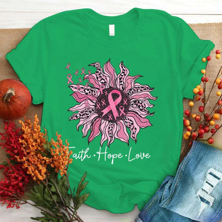 Cool Breast Cancer Sunflower Faith Hope Love Print T-shirt For Women Summer Fashion Casual T-shirts Short Sleeve