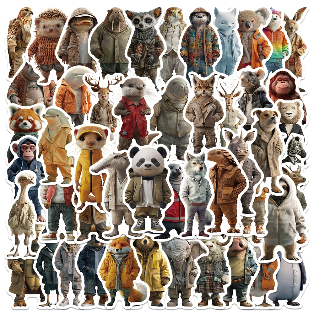 

50pcs Animals With Human Clothes Stickers Decals For Phone Laptop Skateboard Suitcase Guitar Cartoon Funny Sticker Children Gift