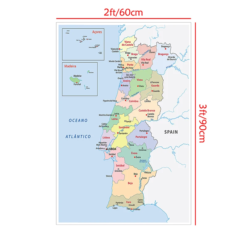 60*90cm mapa administracyjna portugalia mapa ścienna w portugalskim obrazie na płótnie bez ramki plakat Home Decor przybory szkolne