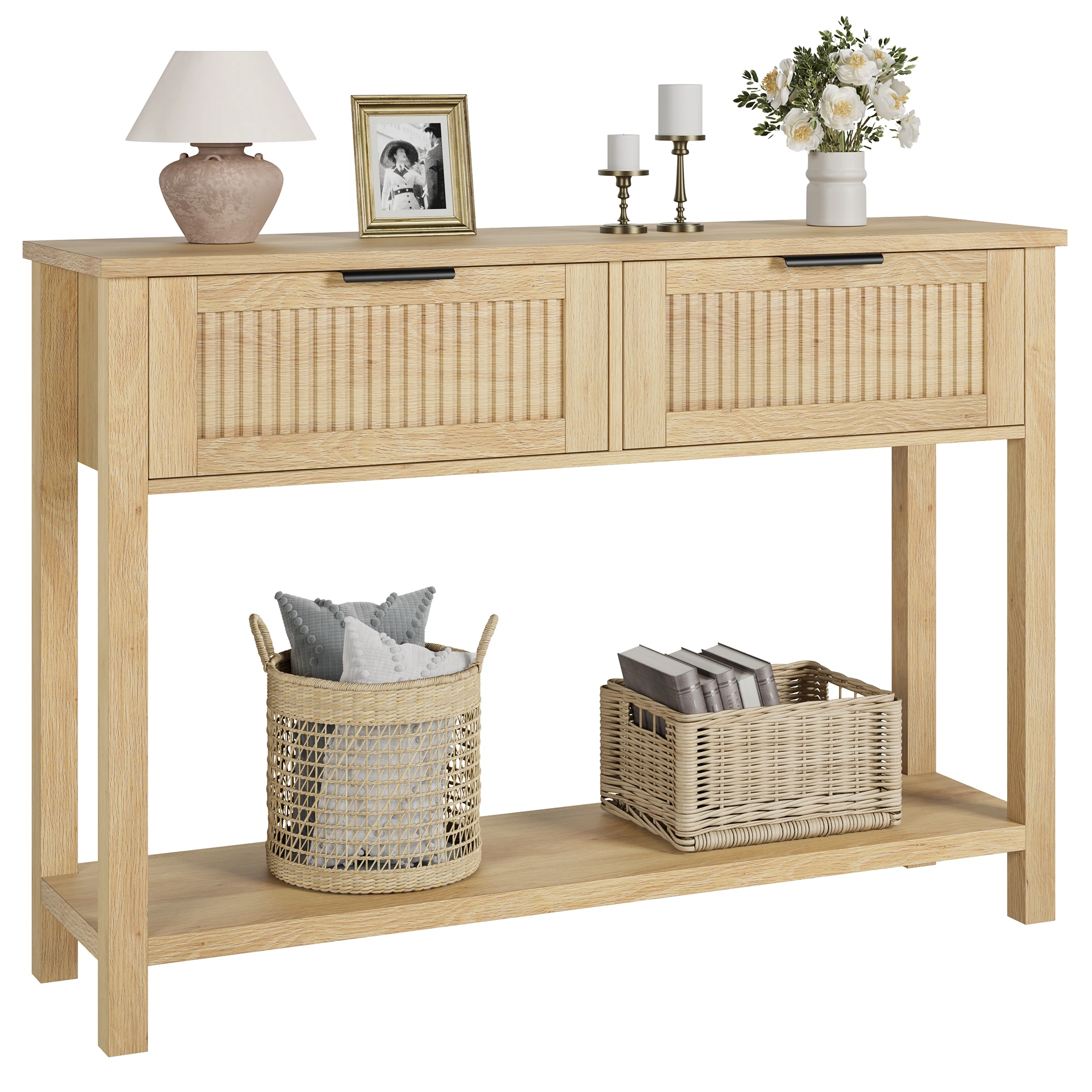 Farmhouse Style Entryway Console Table,43 Inch Wooden Sofa Table with 2 Drawers and 2 Tier Storage for Living Room and Foyer