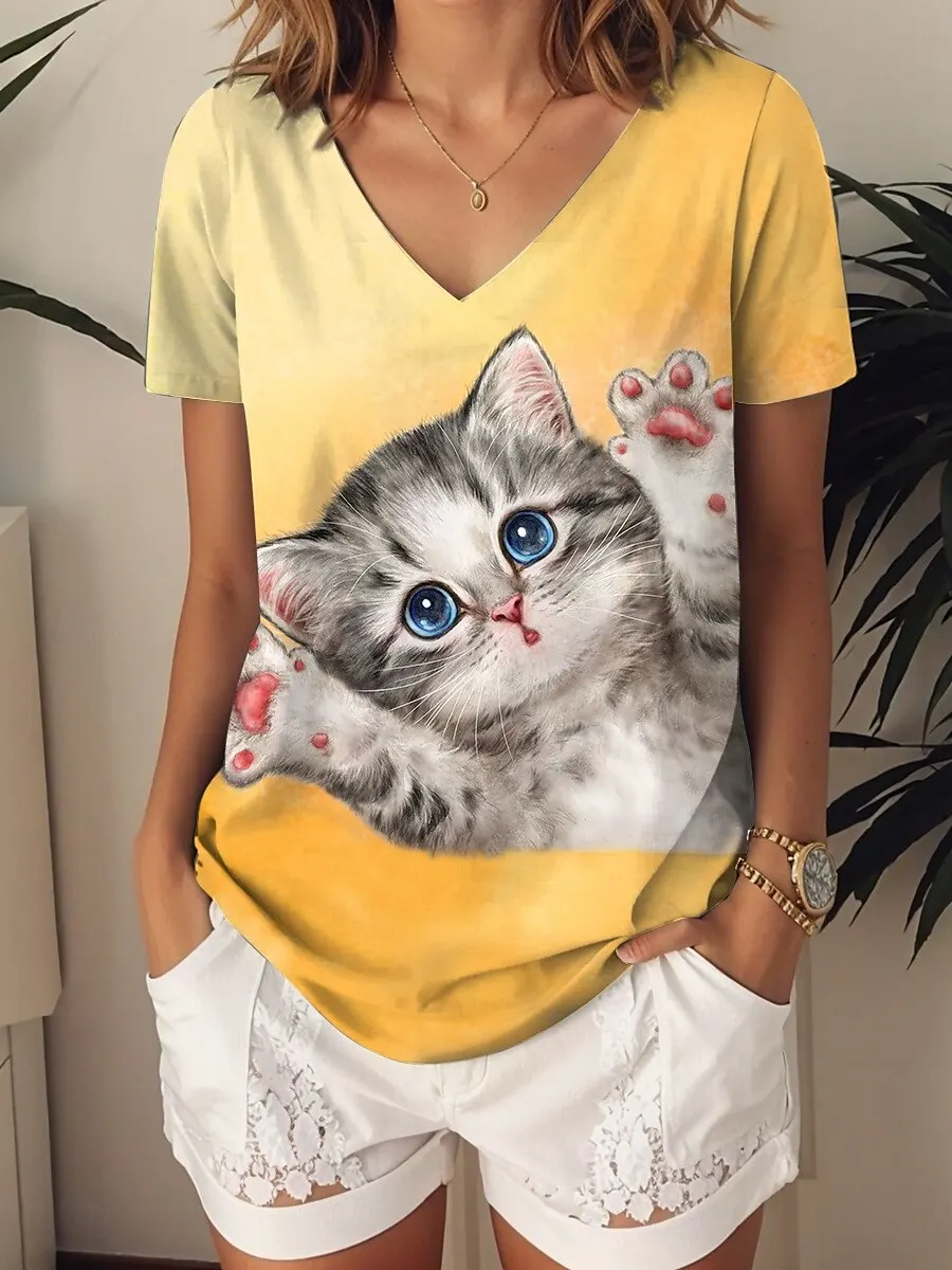 Summer Women's T Shirt Graphic Animal Cat Cute Stylish Casual Short Sleeve V Neck Regular Tops Daily 3D Printed Y2K Tees