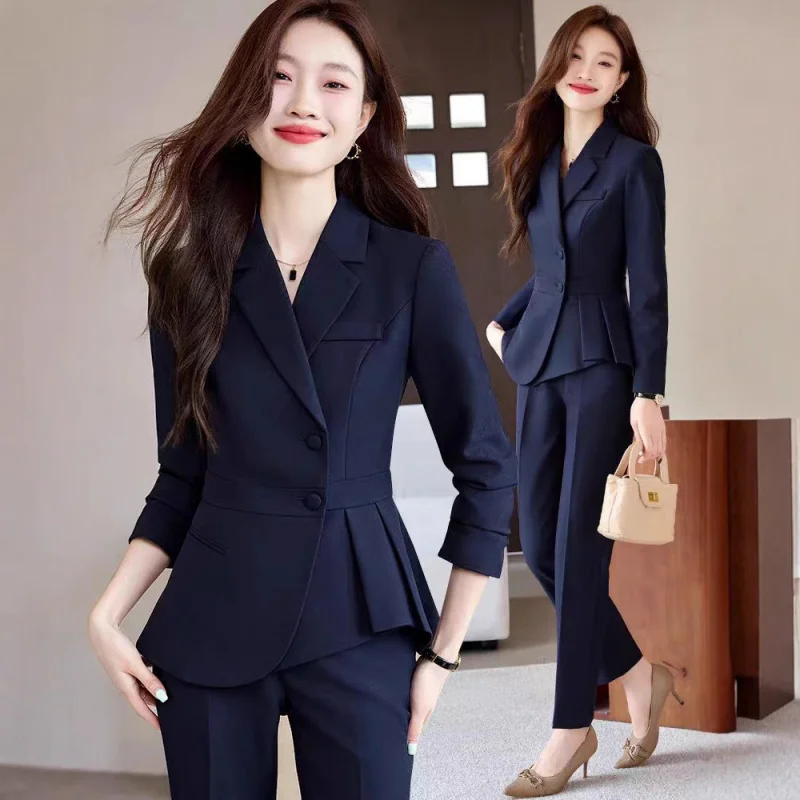 

Women's high-end slim-fit elegant suit with ruffles, professional attire for high-end jewelry store front desk, spring and autum