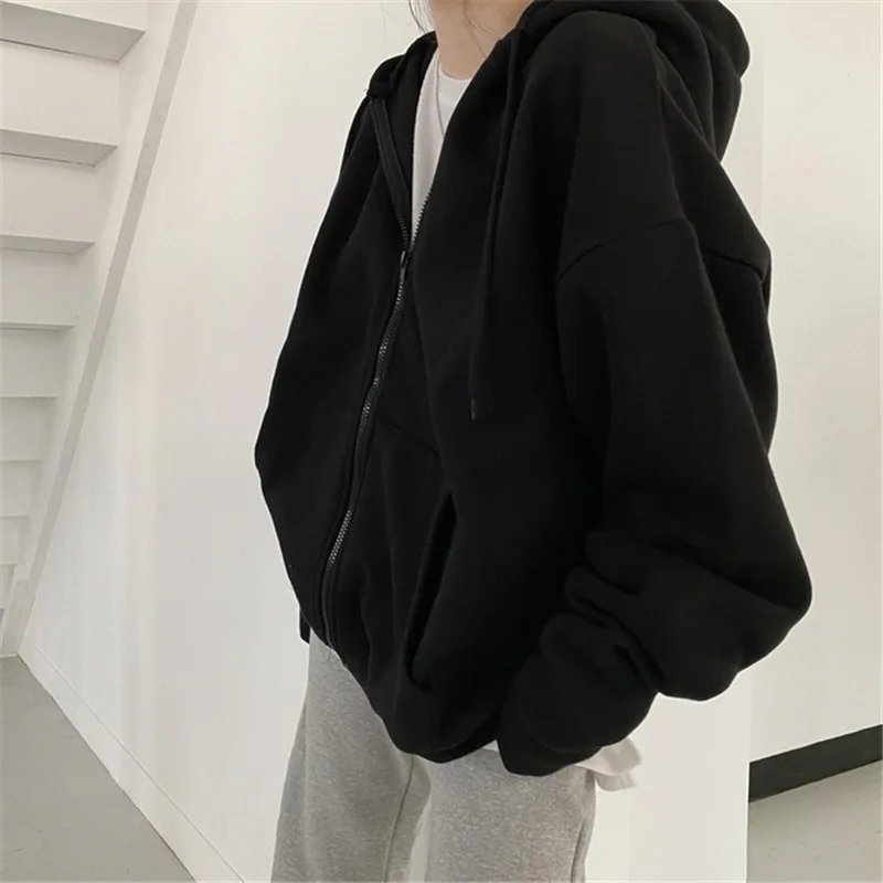 Korean Fashion Zip Up Hoodies Women Autumn Winter Loose Long Sleeve Tops Hood Shirt Solid Streetwear Casual Fleece Sweatshirt