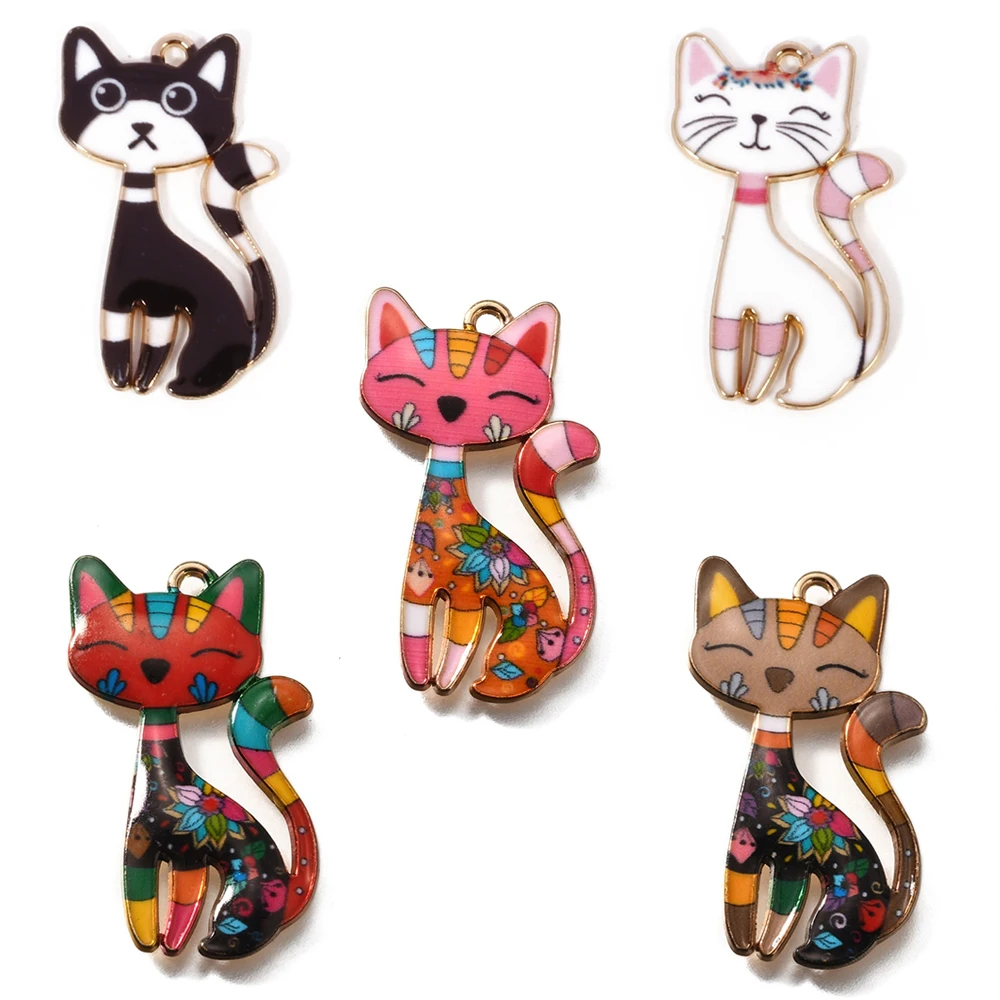 50pcs Cute Cat Enamel Pendants Cute Kitten Animal Charms Hang Ornament for DIY Earrings Bracelet Necklace Craft Jewelry Making