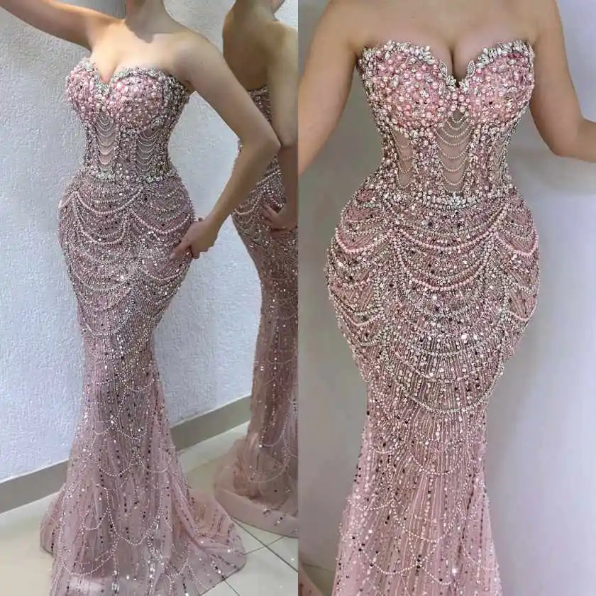 

Sparking Strapless Pearls Prom Dresses Sequined Sleeveless Evening Dress Luxury Floor Length Celebrity Party Gown