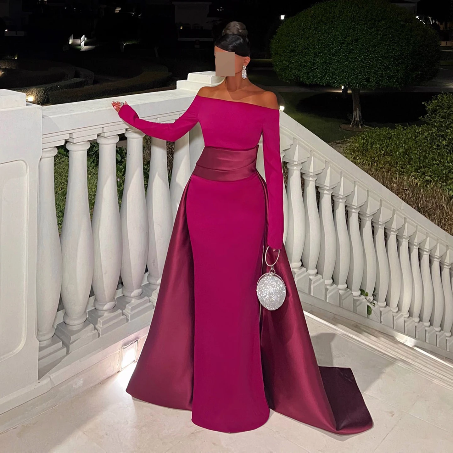 

Шарон Саид Фуксия Вечернее платье русалки с длинными рукавами и открытыми плечами Верхняя юбка Арабское женское платье для выпускного вечера SF318 по индивидуальному заказу