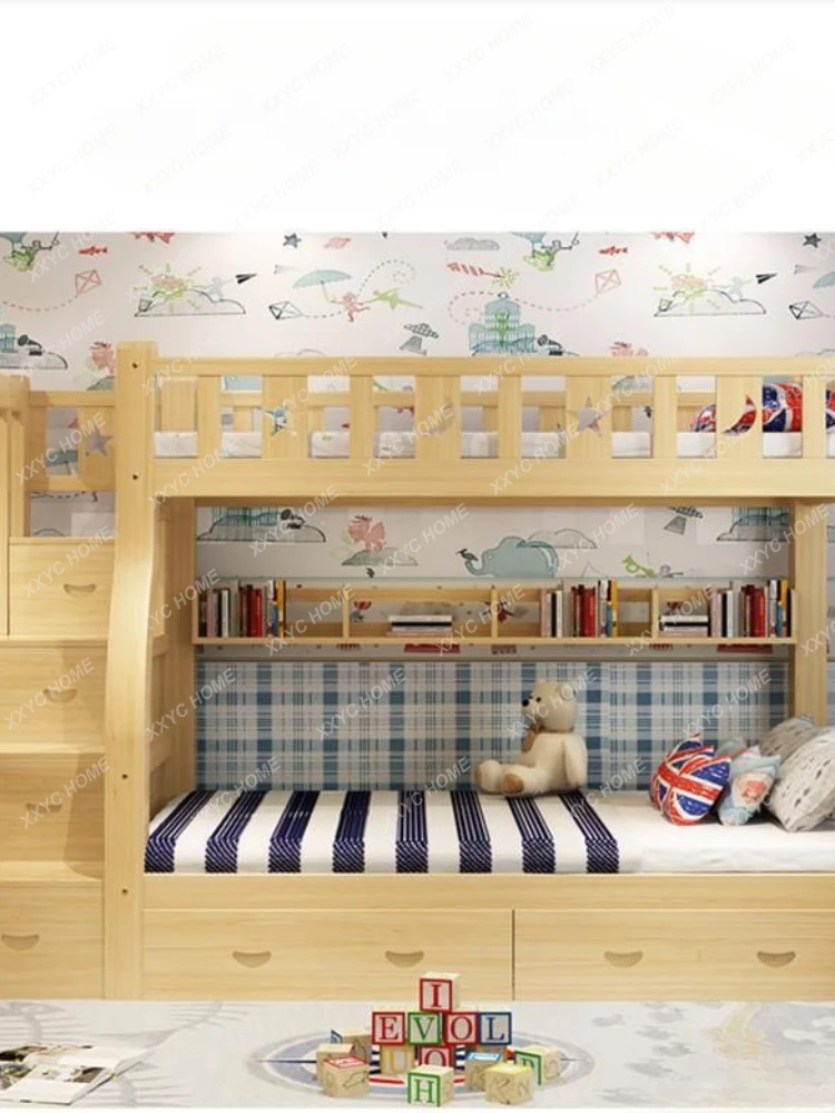 Bunk Bed Height-Adjustable Bed Solid Wood Tiered Cabinet Wide Parent-Child Bed Double-Layer Upper and Lower Bunk