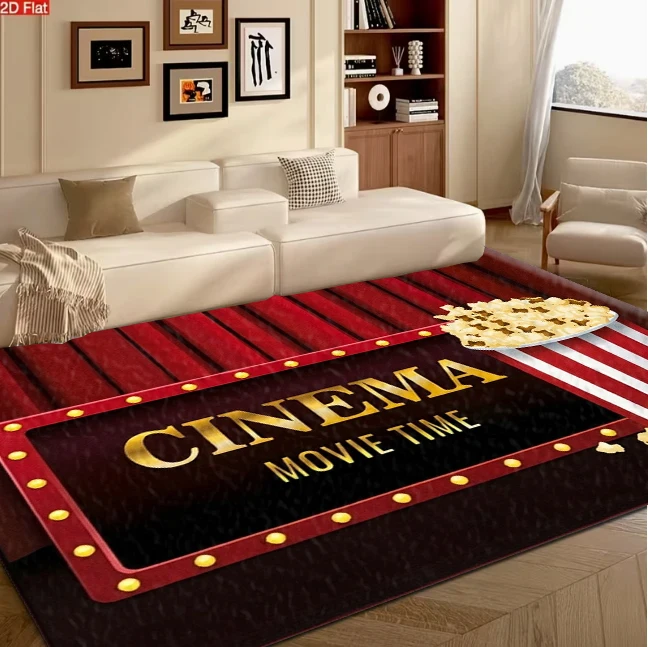 Cinema Movie Time Popcorn Theme Area Rug Home Theater Non‑Slip Carpet Floor Mat for Living Room Bedroom Home Decor